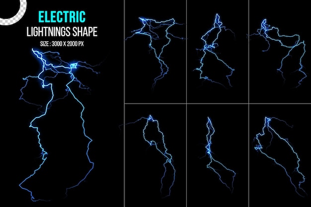 PSD realistic electric lightning and thunderbolt strike isolated on black background