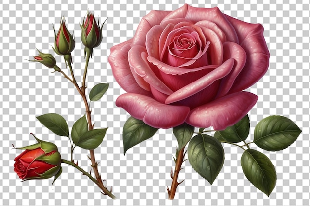 PSD realistic embroidery sweet pink rose on isolated transparent background