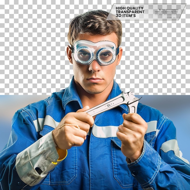 PSD realistic factory worker with a focus on production on transparent background