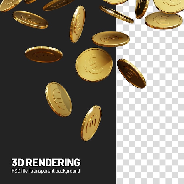PSD realistic falling euro coins on transparent background 3d rendering