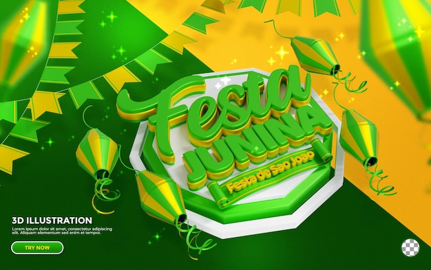 PSD realistic festa junina celebartion decorative with 3d text lantern and party flags in green color