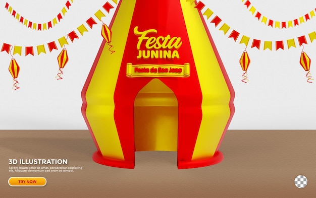 PSD realistic festa junina celebartion decorative with 3d text lantern and party flags in red color