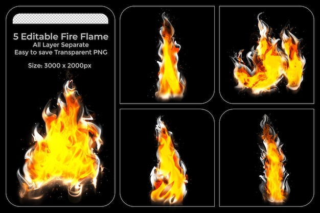 PSD realistic fire flames set on a black background