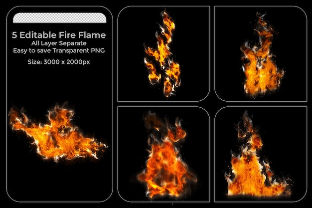 Realistic fire flames set on a black background