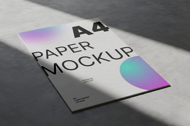 Realistic flat A4 paper mockup lying on surface with shadows