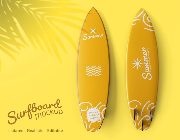 realistic flat lay surfboard front and back editable mockup top view on beach