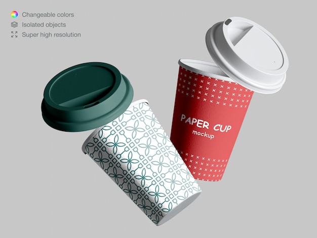 Mockup di tazze di caffè galleggianti realistici con coperchi