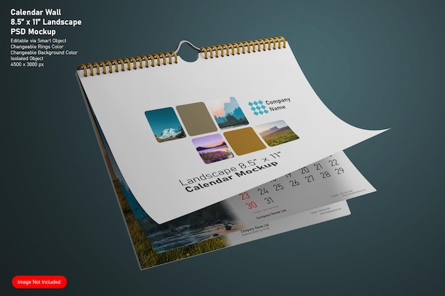 Realistic floating landscape wire binding wall calendar with flipping pages mockup