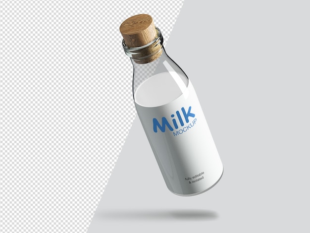 Realistic floating milk bottle mockup