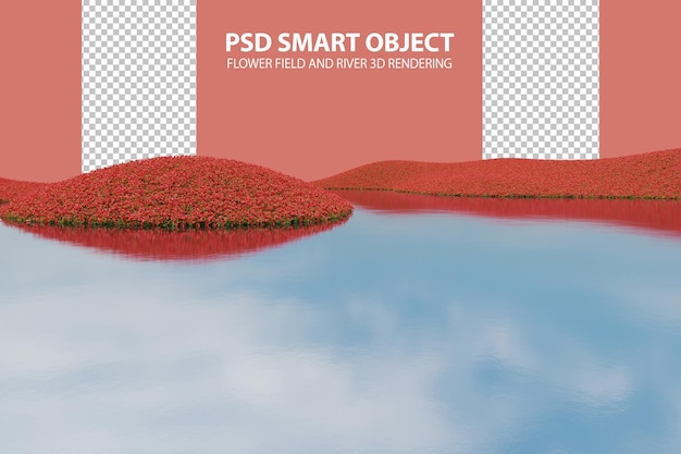 PSD 孤立したオブジェクトのリアルな花畑と川の 3 d レンダリング