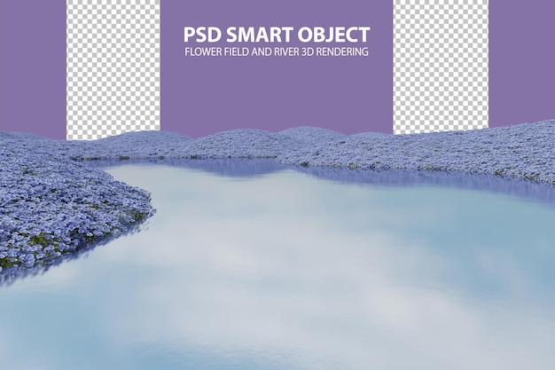 PSD campo di fiori realistico e rendering 3d del fiume di oggetti isolati