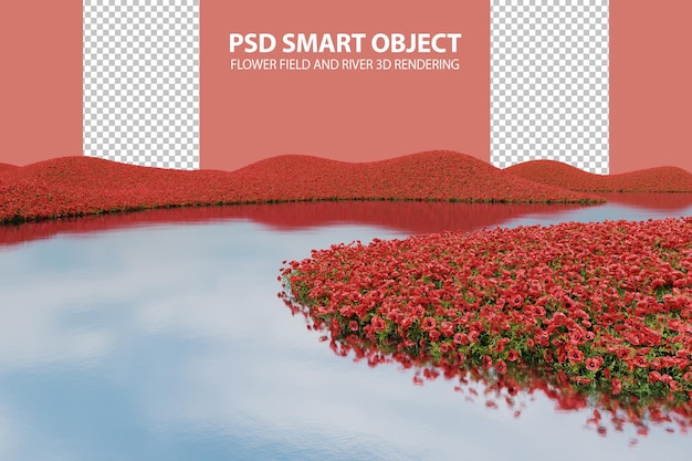 PSD realistic flower field and river 3d rendering of isolated objects