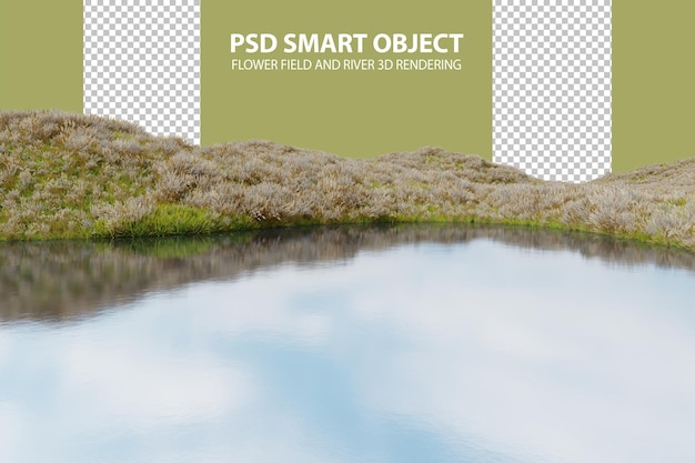 PSD realistic flower field and river 3d rendering of isolated objects