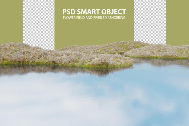 PSD realistic flower field and river 3d rendering of isolated objects