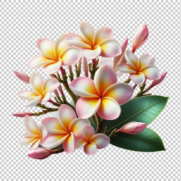 PSD fiori di frangipani realistici con foglie isolate sfondo trasparente psd premium ai generativo