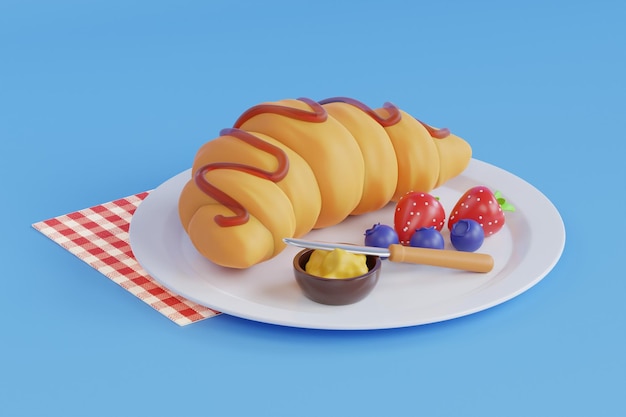 PSD 현실적인 프랑스 크루아상 3d 그림 크루아상을 곁들인 아침 식사의 3d 그림