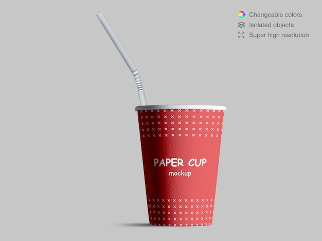 PSD realistic front view paper cup mockup with cocktail straw