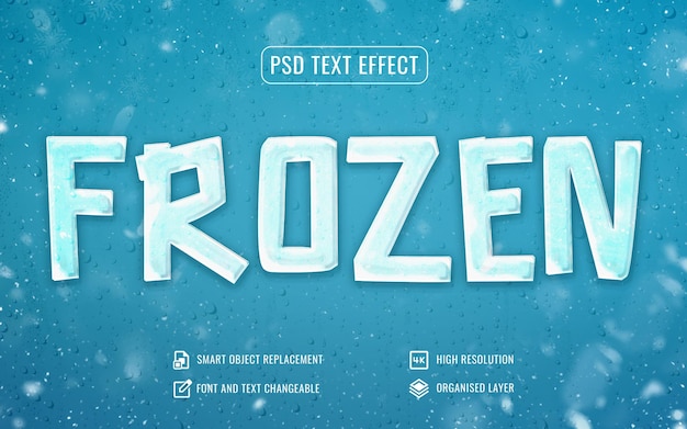 PSD realistic frozen ice text effect with snowfall background