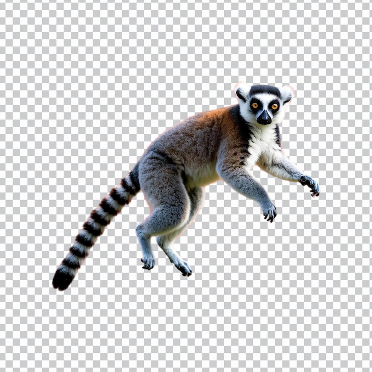 PSD realistic full body jumping lemur isolated on transparent background