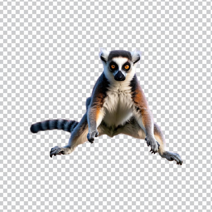 PSD realistic full body jumping lemur isolated on transparent background