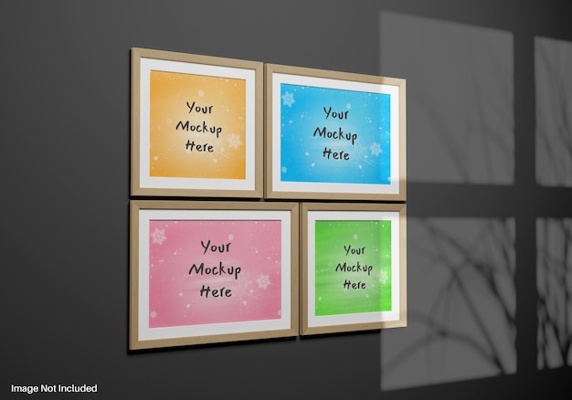 Realistic gallery wooden frame hanging on wall mockup with shadow