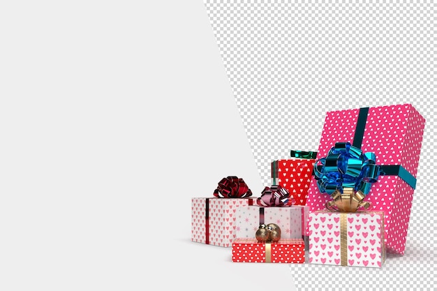 Realistic gifts boxes. Holiday banner, flyer and brochure, mock up holiday decorative festive object. Celebrate birthday, anniversary, wedding. 3D rendering