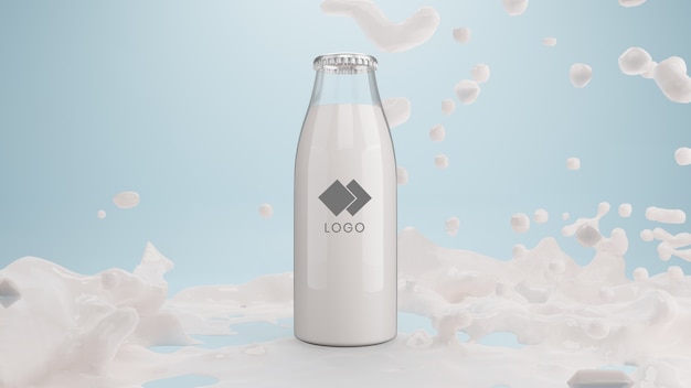 Realistica bottiglia di vetro di latte con schizzi di liquido