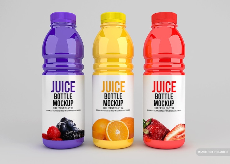 Realistic glass juice bottle packaging mockup