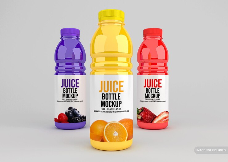 Realistic glass juice bottle packaging mockup