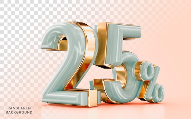 Realistic glossy 25 percent discount sale banner golden effect 3d render concept for marketing offer