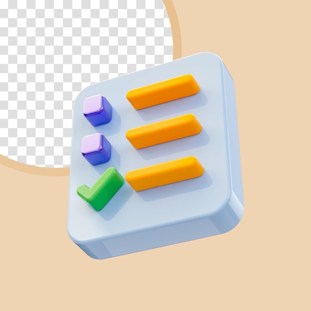 Icona della lista di controllo dei documenti lucidi realistici concetto di rendering 3d per fogli di carta approvato confermato