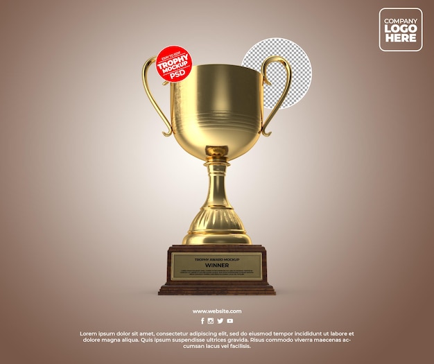 PSD realistic golden trophy award mockup design with transparent background