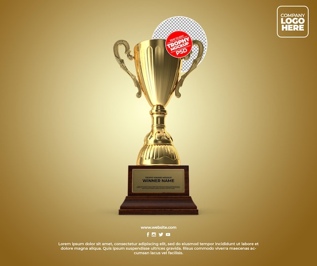 Realistic golden trophy award mockup design with transparent background