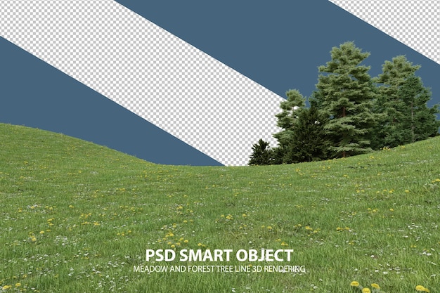 Rendering 3d della linea di alberi della foresta e della collina dell'erba realistica dell'oggetto intelligente psd isolato