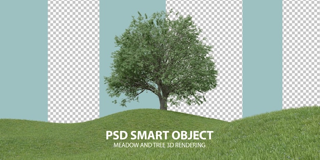 Realistic grass hill and tree 3d rendering of isolated objects