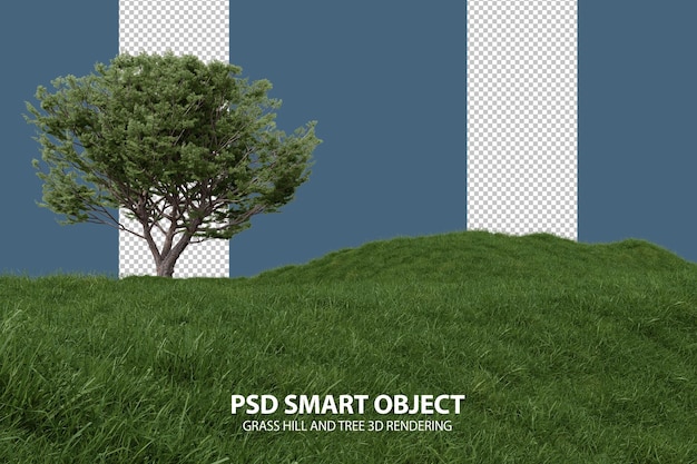 realistic grass hill and tree 3d rendering of isolated psd smart objects