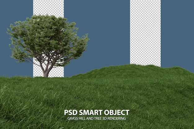 分離された PSD スマート オブジェクトのリアルな草の丘と木の 3 d レンダリング