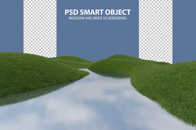 PSD Реалистичная травяная равнина и речная 3d-рендеринг изолированных объектов