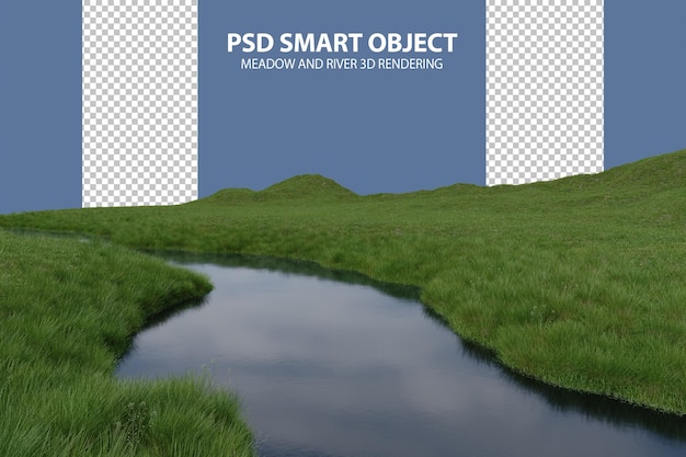 Realistic grass plain and river 3d rendering of isolated objects