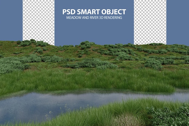 PSD realistica pianura erbosa e rendering 3d del fiume di oggetti isolati