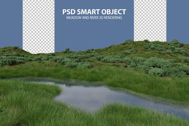 PSD realistica pianura erbosa e rendering 3d del fiume di oggetti isolati