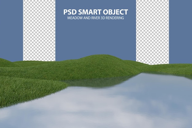 Realistic grass plain and river 3d rendering of isolated objects