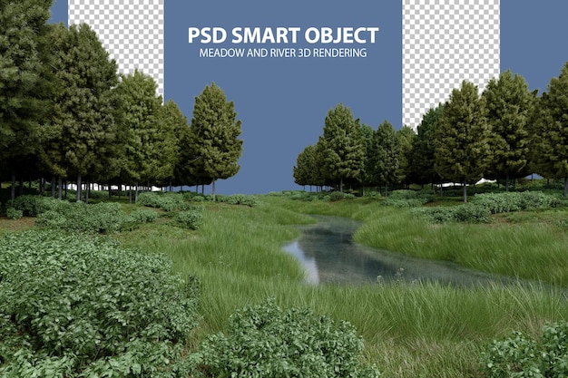 Realistic grass plain with river and trees 3d rendering of isolated objects