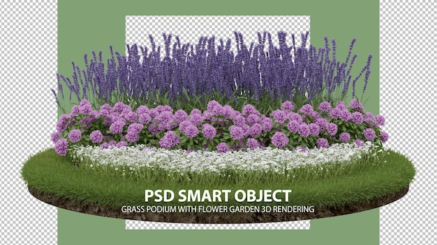 PSD realistic grass podium with flower garden 3d rendering of isolated objects