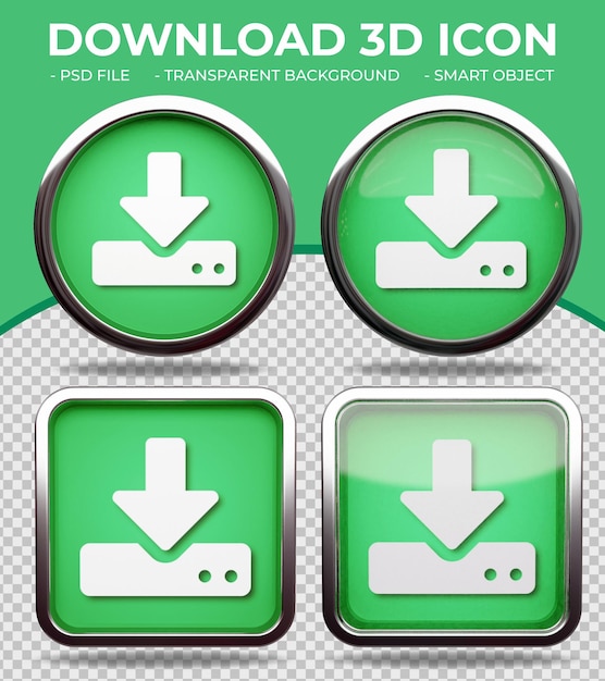 PSD Реалистичная зеленая стеклянная кнопка блестящий круглый и квадратный значок загрузки 3d-сервера