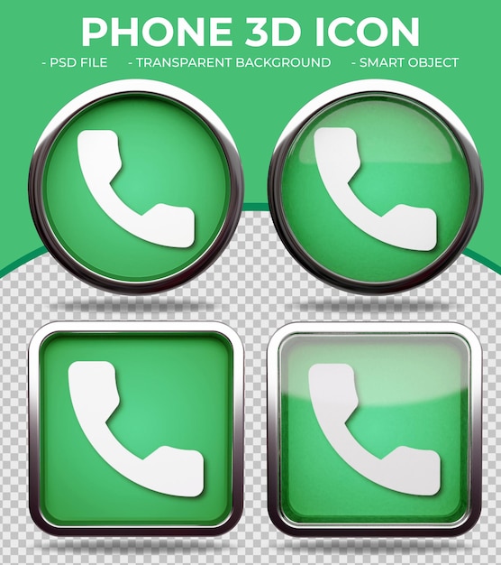 Pulsante realistico in vetro verde lucido rotondo e quadrato 3d phone icon