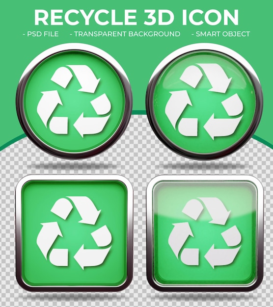 PSD realistic green glass button shiny round and square 3d recycle icon