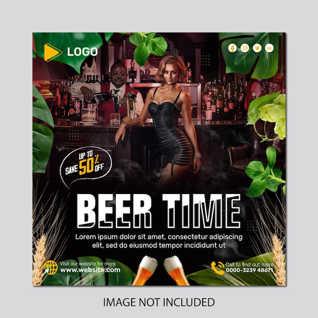 PSD realistic hand drawn beer time with vertical social media banner post design template