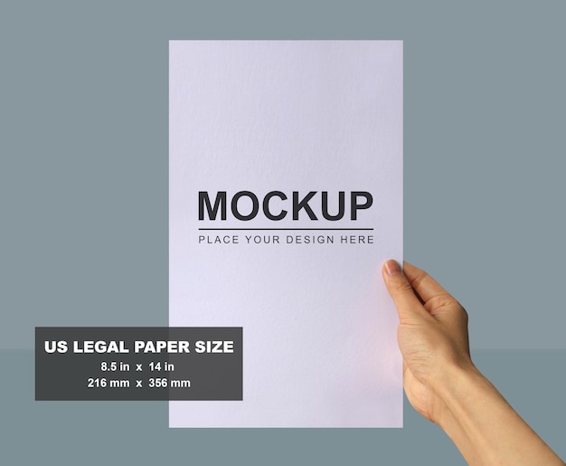 PSD realistic hand holding us legal paper mockup simple clean modern portrait us legal size mockup