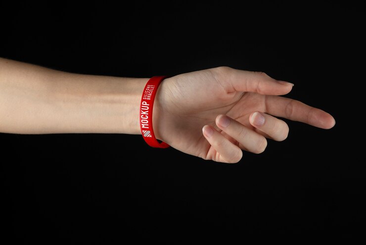 PSD realistic hand wearing red bracelet mockup